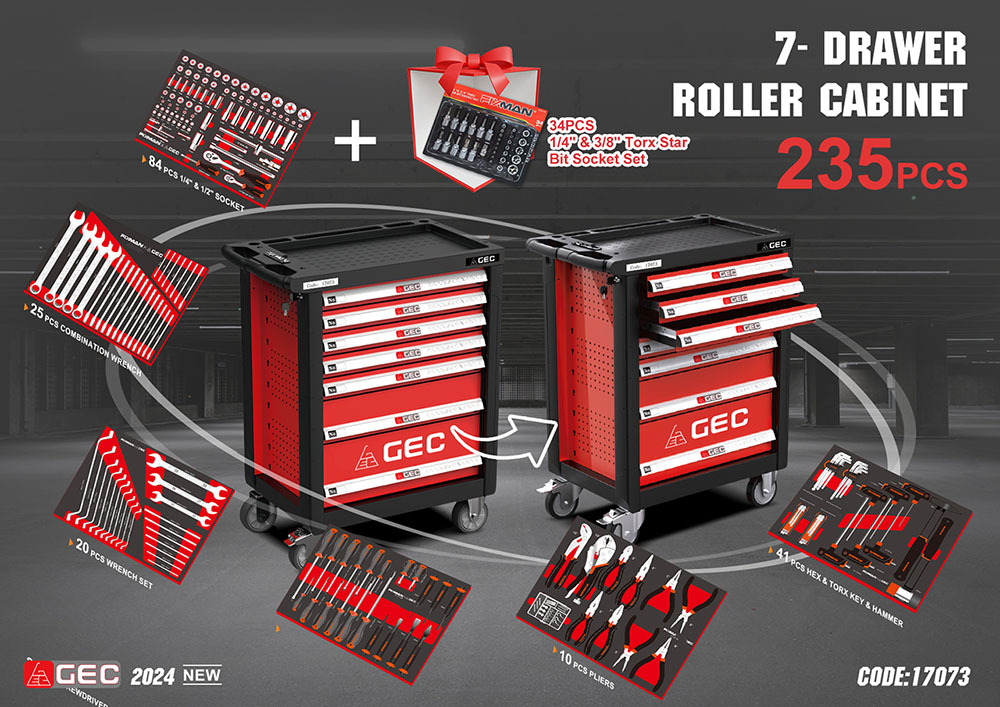 GEC 7 Professional Drawers Ball Bearing Tool Trolley Cart 235 PCS / تروللي عدة احترافي 7 درج ماركة جي اي سي - مجهز 235 قطعة (شهادة المانية)