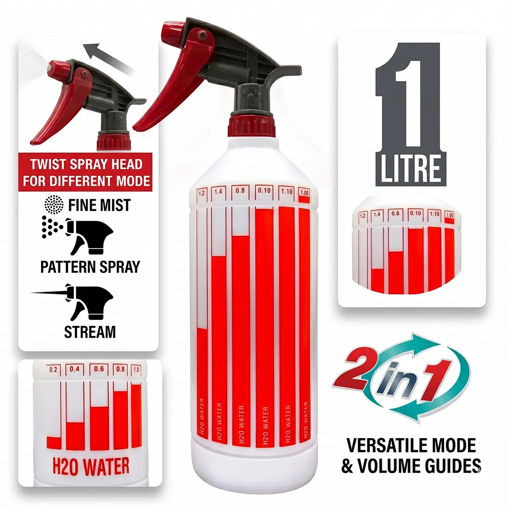 BROTHERS Taiwanese Chemical Resistant Trigger Spray Bottle 1000ML (Heavy Duty) / زجاجة رش (بخاخة) ماركة براذرز تايواني 1 لتر - مقاومة للكيماويات والمنظفات القوية