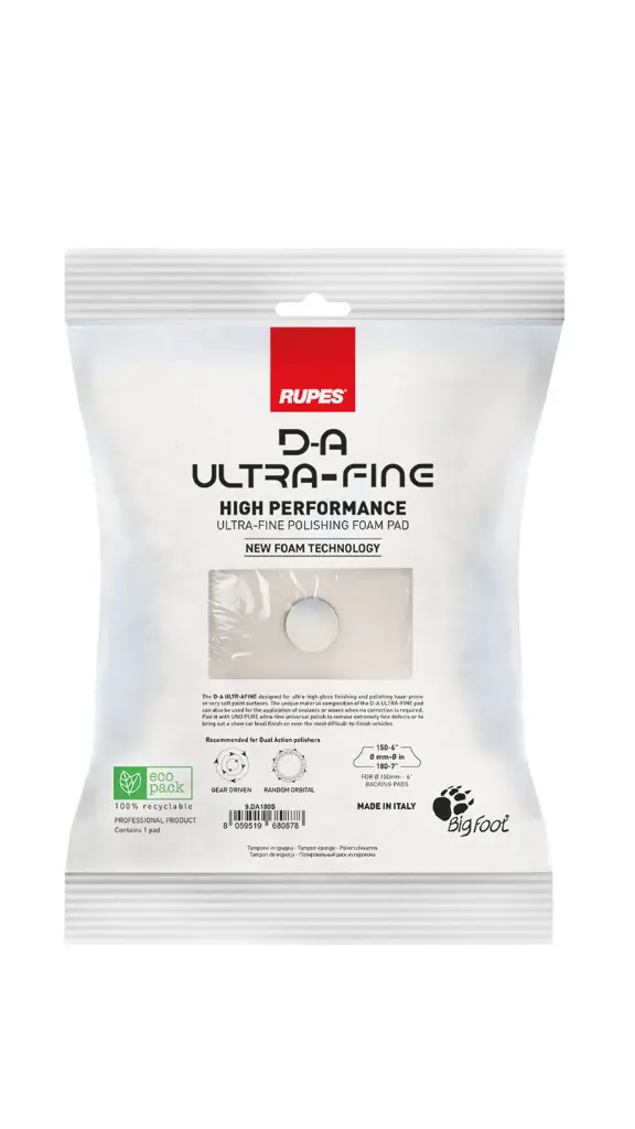 RUPES D-A Ultra-Fine White Foam Polishing Pad 180mm 6 Inch / سفنجة تلميع فائقة النعومة دول اكشن ماركة روبيس موديل D-A Ultra-Fine ايطالي - مقاس 6 بوصة (لون أبيض)