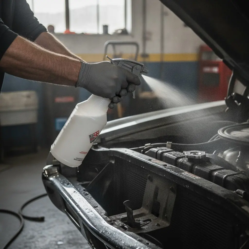 Mechanic cleaning a car engine bay using BROTHERS Chemical Resistant Spray Bottle - ميكانيكي بينظف موتور العربية باستخدام بخاخ براذرز المقاوم للكيماويات