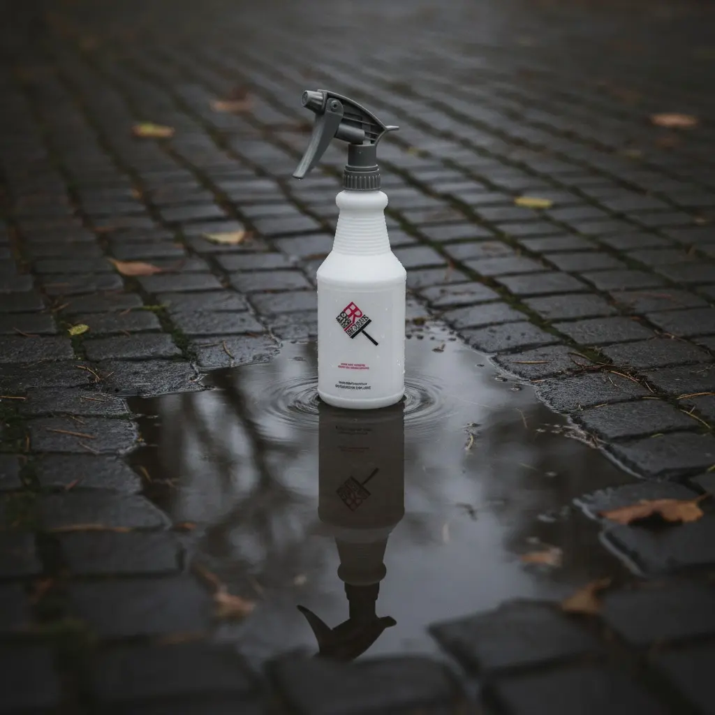 Heavy Duty BROTHERS Spray Bottle 650ML placed outdoors on a wet cobblestone street - بخاخ خدمة شاقة براذرز التايواني في الشارع جنب بركة ماية