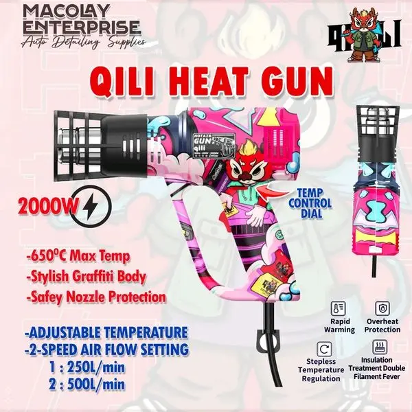 Qili WR-121 Analog Pink Graffiti Heat Gun (2000W) - PPF & Tinting Tool | مسدس حراري افلام حماية PPF وتغليف السيارات أنالوج 2000 وات ماركة Qili موديل WR-121 - تصميم جرافيتي بينك